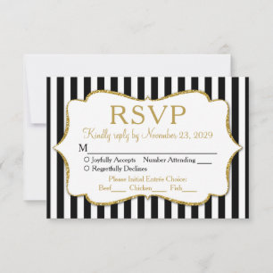 Black White Gold Stripe RSVP Wedding Response Meal Kaartje