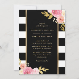 Black White Gold Striped Blush Pink Floral Wedding Kaart
