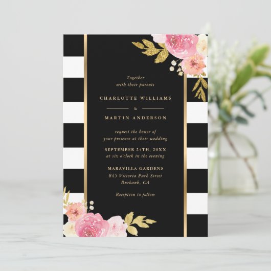 Black White Gold Striped Blush Pink Floral Wedding Kaart (Staand voorkant)