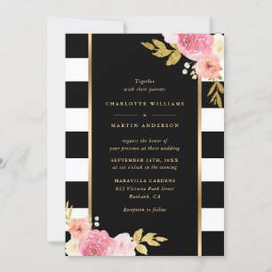 Black White Gold Striped Blush Pink Floral Wedding Kaart