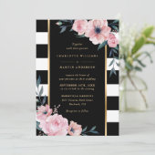Black White Gold Striped Pink Floral Wedding Kaart (Staand voorkant)