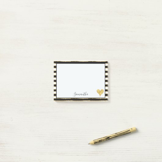 Black White Gold Stripes Heart Post-it® Notes (Op bureau)