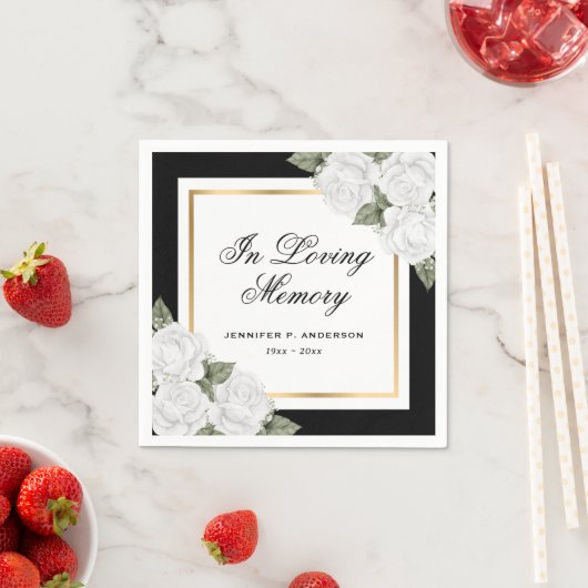 Black White Gold Waterverf Floral Memory Funeral Servet (Insitu)