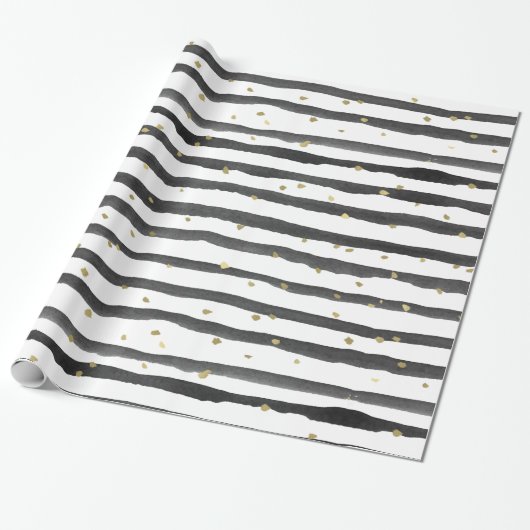 Black White Gold Waterverf Stripes en Stippen Cadeaupapier (Uitgerold)