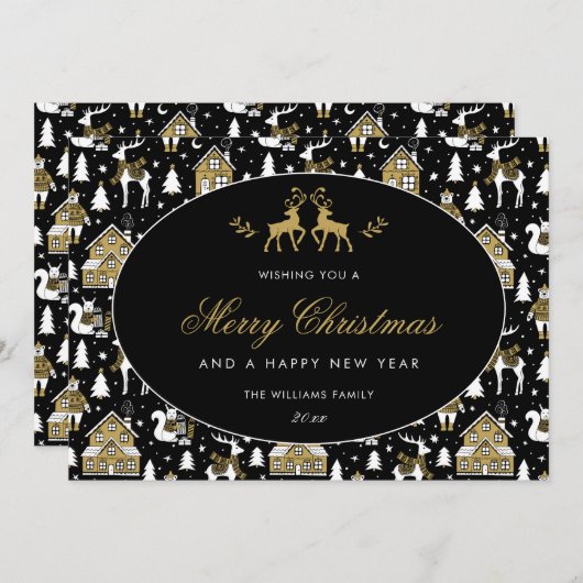 Black White Gold Winter Pattern Feestdagenkaart (Voorkant / Achterkant)