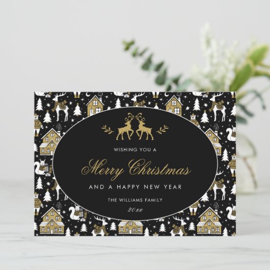 Black White Gold Winter Pattern Feestdagenkaart (Staand voorkant)