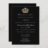 Black White Golden Crown Royal Glitter 16th Bridal Kaart (Voorkant / Achterkant)