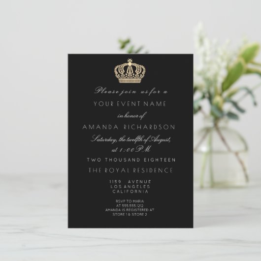 Black White Golden Crown Royal Glitter 16th Bridal Kaart (Staand voorkant)