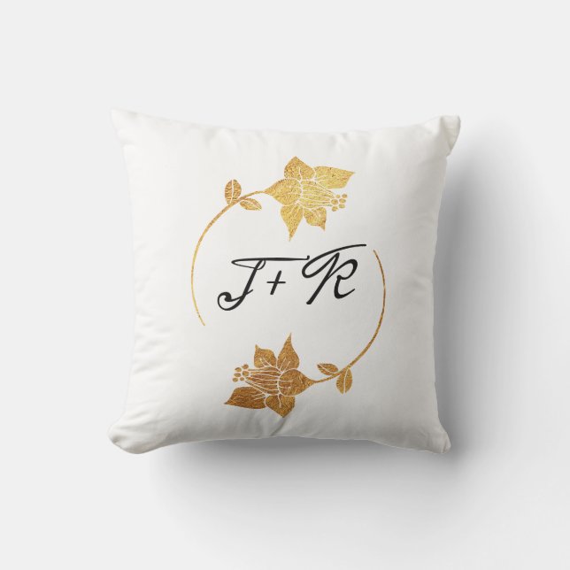 Black White Golden Flower Monogram Initiaal Wreate Kussen (Voorkant)