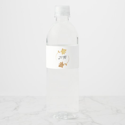 Black White Golden Flower Wreatmonogram Initiaal Waterfles Etiket (Voorkant)