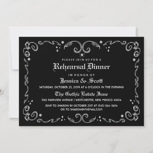 Black White gothic Scroll Rehearsal Dinner Invite Kaart (Voorkant)