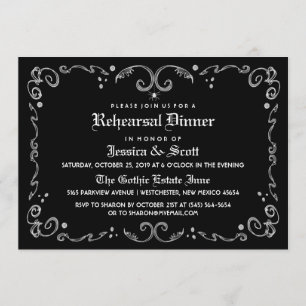 Black White gothic Scroll Rehearsal Dinner Invite Kaart