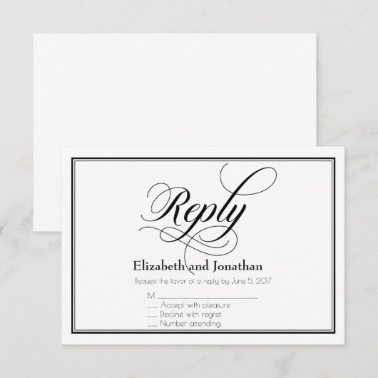 Black & White Graceful Script Wedding Reply Kaart (Voorkant / Achterkant)