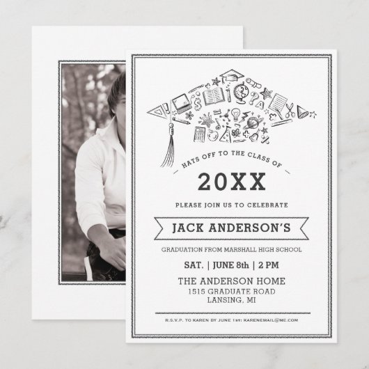 Black & White Graduation Cap Party nodigt foto uit Kaart (Voorkant / Achterkant)
