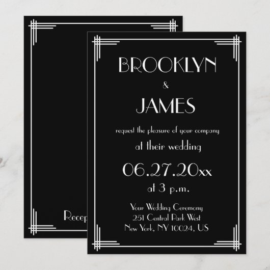 Black White Great Gatsby Art Deco Wedding Invites Kaart (Voorkant / Achterkant)