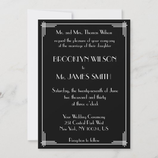 Black White Great Gatsby Art Deco Wedding Invites Kaart (Voorkant)