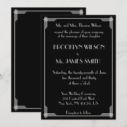 Black White Great Gatsby Art Deco Wedding Invites Kaart (Voorkant / Achterkant)