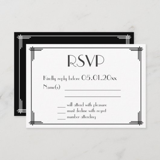 Black White Great Gatsby Art Deco Wedding RSVP (Voorkant / Achterkant)