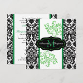 Black, White, Green Damask Scroll Wedding Invite Kaart (Voorkant / Achterkant)