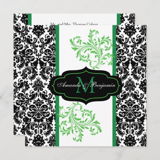 Black, White, Green Damask Scroll Wedding Invite Kaart (Voorkant / Achterkant)