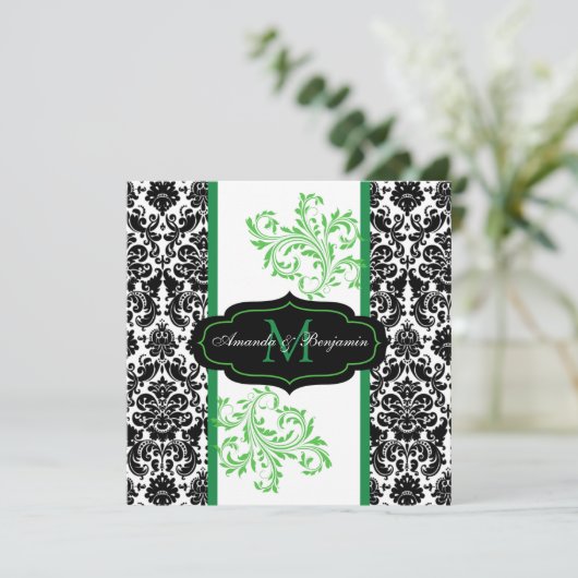 Black, White, Green Damask Scroll Wedding Invite Kaart (Staand voorkant)