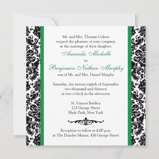 Black, White, Green Damask Scroll Wedding Invite Kaart (Achterkant)