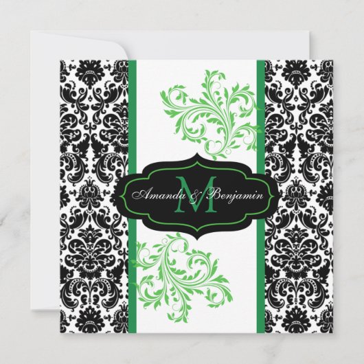 Black, White, Green Damask Scroll Wedding Invite Kaart (Voorkant)