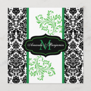 Black, White, Green Damask Scroll Wedding Invite Kaart
