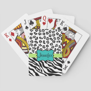 Black White Green & Turquoise Zebra & Cheetah Skin Pokerkaarten