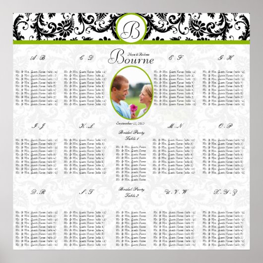 Black White Green Wedding Photo Seating Chart Poster (Voorkant)