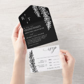 Black White Greenery Monogrammed Wedding All In One Uitnodiging (Afscheurbaar)