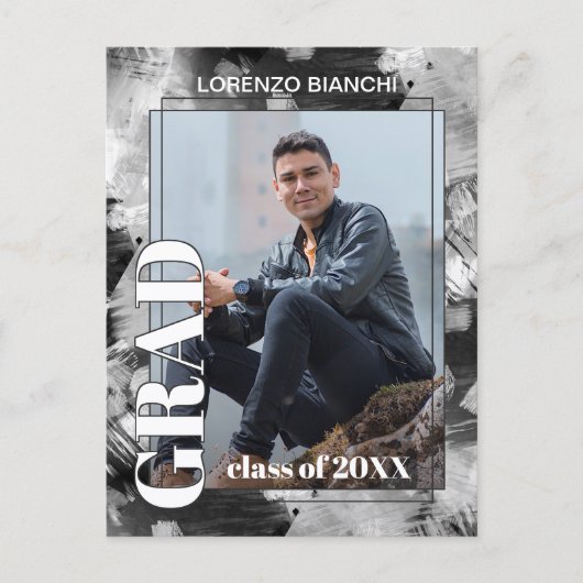 Black White Grey Abstract Afstuderen Aankondiging Briefkaart (Voorkant)