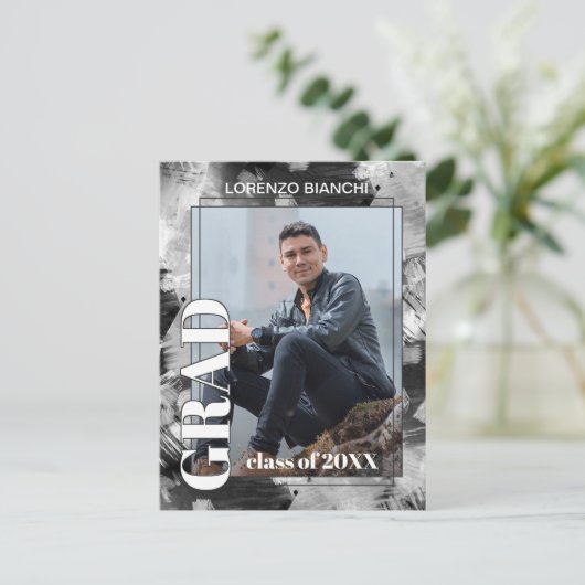 Black White Grey Abstract Afstuderen Aankondiging Briefkaart (Staand voorkant)