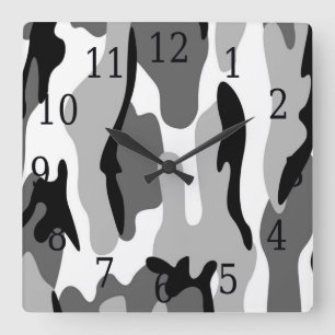 Black White Grey Camouflage Square Clock Vierkante Klok