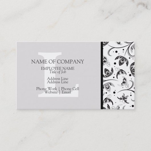 Black White Grey Designer Monogrammed Damask Visitekaartje (Voorkant)