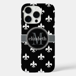 Black White Grey Fleur de Lis Monogram iPhone 16 Pro Hoesje