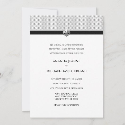 Black White Grey Fleur de Lis Pattern Wedding Kaart (Voorkant)