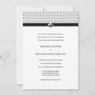 Black White Grey Fleur de Lis Pattern Wedding Kaart