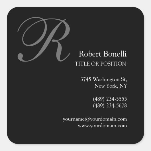 Black White Grey Monogram Visitekaartje Vierkante Sticker (Voorkant)