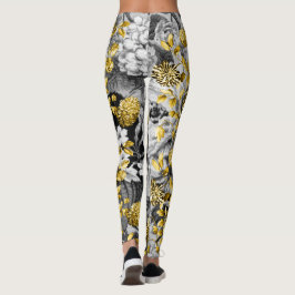 Black White Grey Tones Gold Floral Toile Leggings