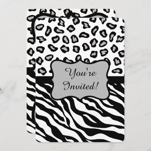 Black White Grey Zebra Leopard Invitation Kaart (Voorkant / Achterkant)