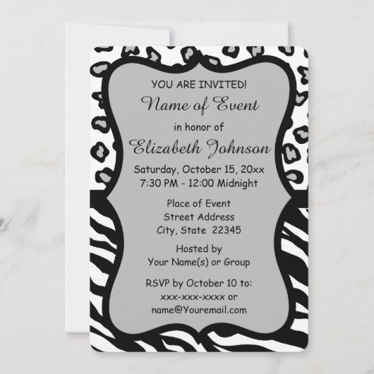 Black White Grey Zebra Leopard Invitation Kaart (Achterkant)