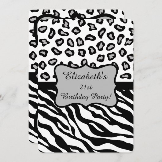 Black White Grey Zebra Leopard Skin 21st Birthday Kaart (Voorkant / Achterkant)