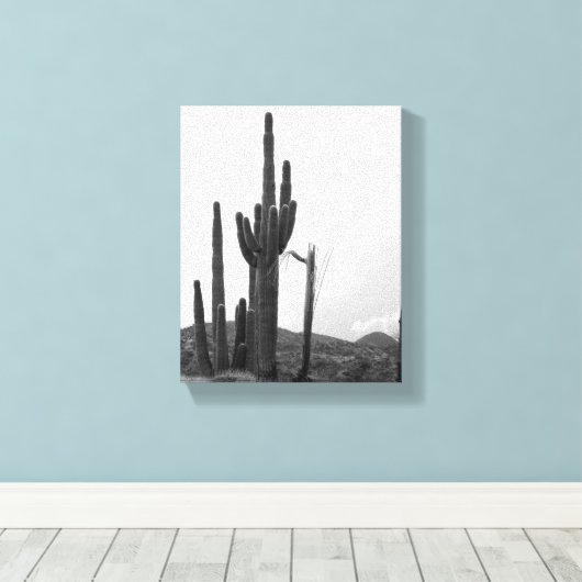 Black & White Group of Saguaro Cactus on Hill 8x10 Canvas Afdruk (Insitu (Houten vloer))