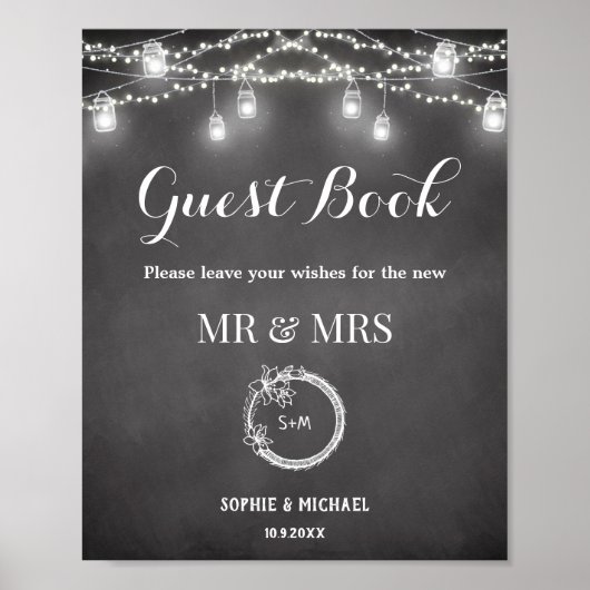 Black White Guest Book Rustic Wedding Sign Poster (Voorkant)