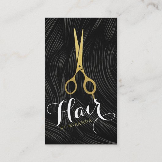 Black White Hair Pattern Gold Scissors Haarstylist Afsprakenkaartje (Voorkant)