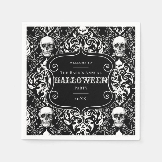 Black White Halloween Damask Skull Patroon Aangepa Servet (Voorkant)