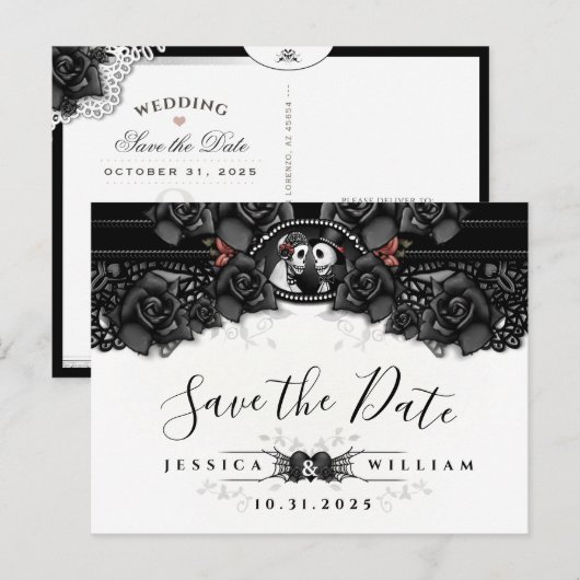 Black White Halloween Lace Wedding Skeletons Aankondigingskaart (Voorkant / Achterkant)