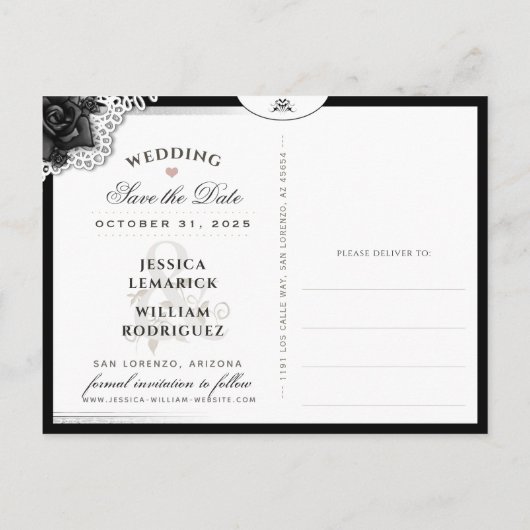 Black White Halloween Lace Wedding Skeletons Aankondigingskaart (Achterkant)