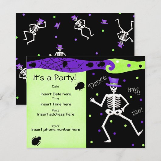 Black White Halloween Skeleton Botten Dance Kaart (Voorkant / Achterkant)